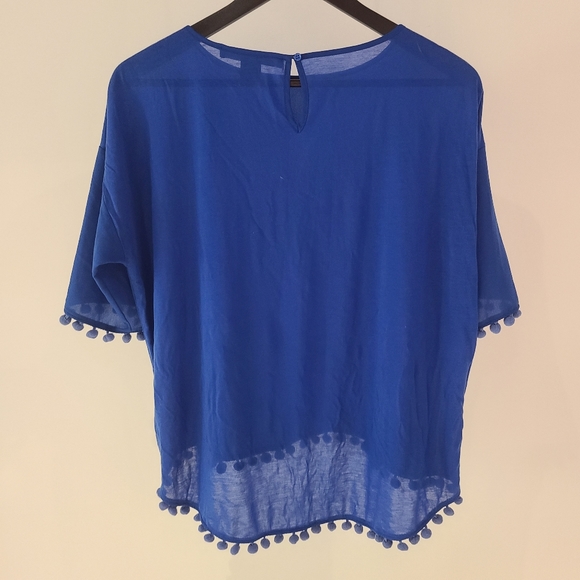 French Connection Classic Crepe Pompom Shirt Blue Top - Picture 2 of 5